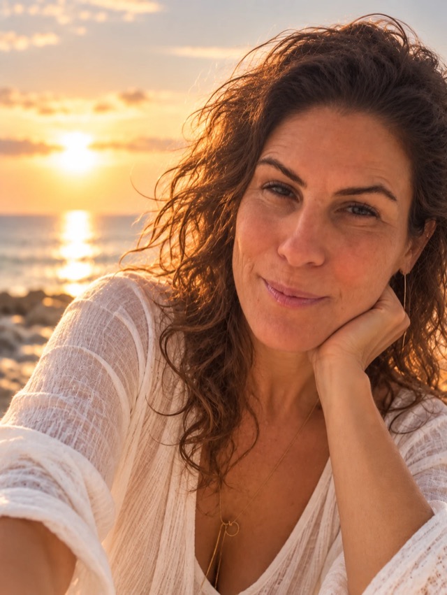 Porträt von Meryem am Meer im warmen Abendlicht.