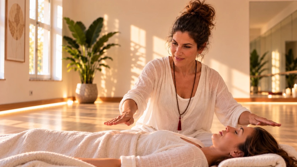 Meryem hält während einer Reconnective-Healing-Sitzung ihre Hände über eine liegende Person, ohne sie zu berühren.