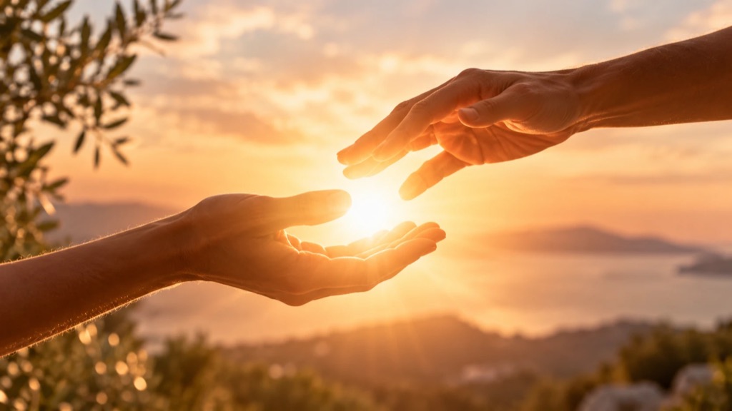 Zwei Hände nähern sich im Gegenlicht der untergehenden Sonne über einer Küstenlandschaft.